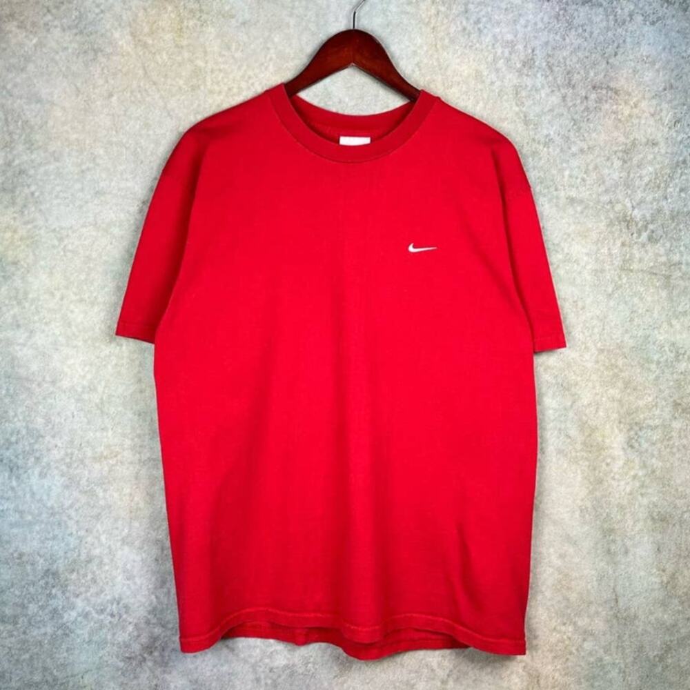 Vintage Nike Logo T Shirt Mens Sz L Y2K Red White Mini Swoosh Crew Neck Gray Tag